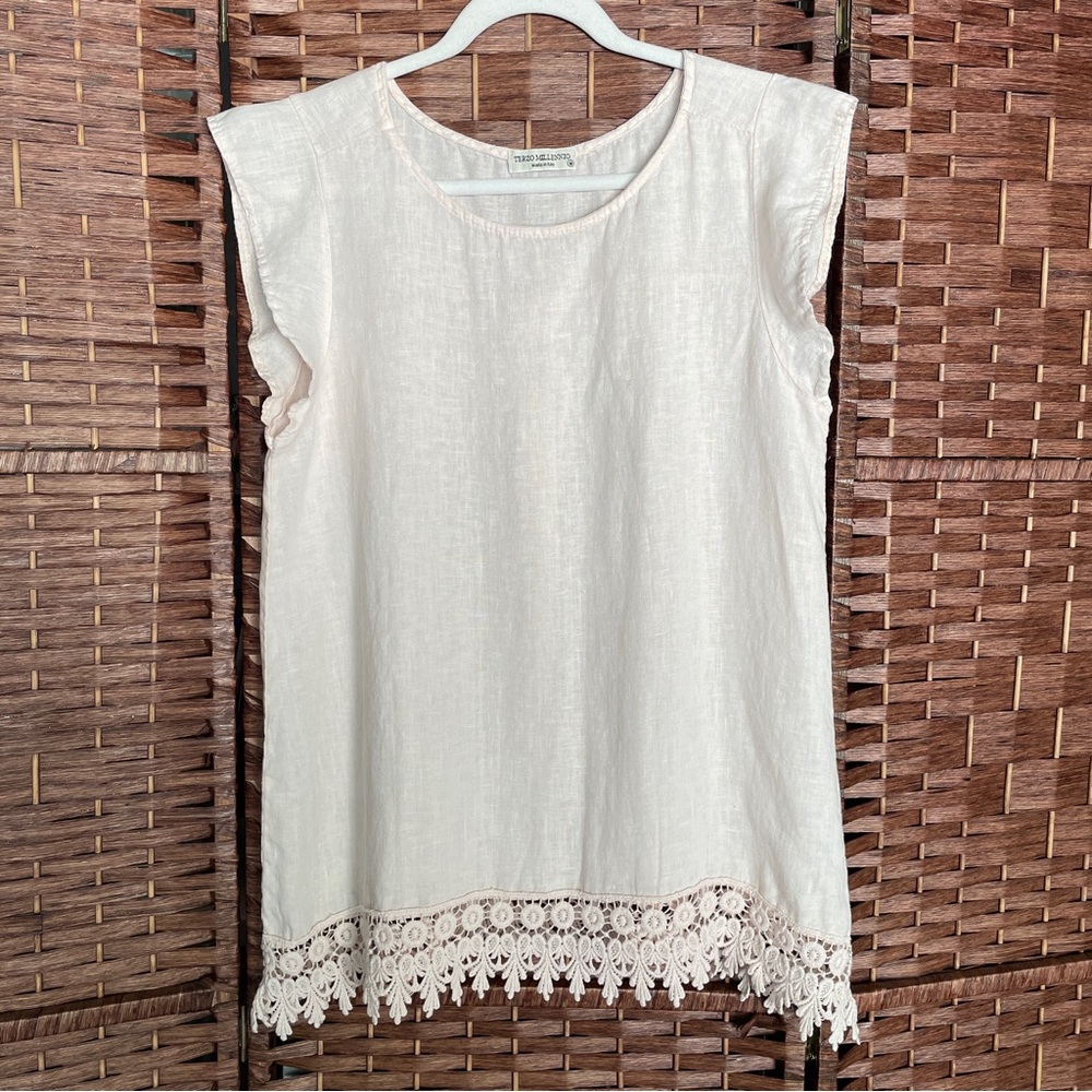 Terzo Millennio 100% Italian linen, Crochet Lace, Boho Cottagecore Coastal, M.